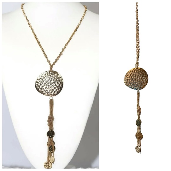 🎁 Long Hammered Metal Disc Necklace - Picture 3 of 9